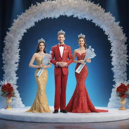 A 3D rendering of Mr. and Ms. Pageant winners. They stand proudly on an illustrious stage, adorned in radiant attire, each clutching their winning trophies, the vibrant scene frozen in a rich, three-dimensional display.