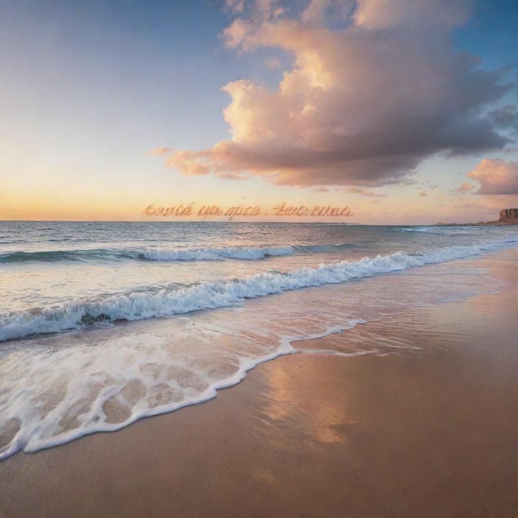 A peaceful and calming scene with the Spanish phrase 'Con pelear no se llega a nada' floating in the sky. The scene includes a quiet beach at sunset, with gentle waves lapping against the shore.