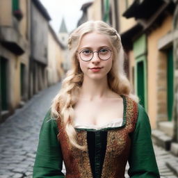 A young 25-year-old girl with blonde hair and green eyes, wearing medieval old clothes