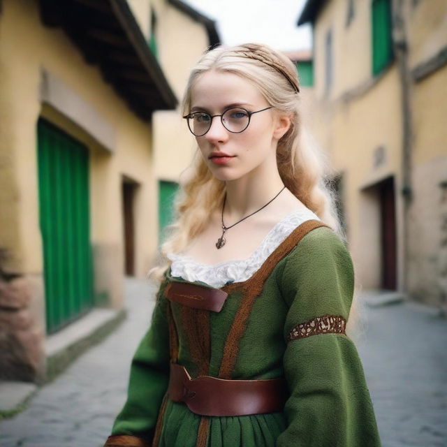 A young 25-year-old girl with blonde hair and green eyes, wearing medieval old clothes