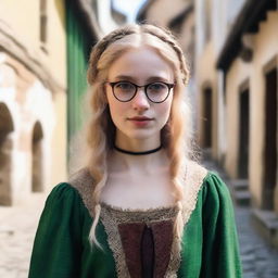 A young 25-year-old girl with blonde hair and green eyes, wearing medieval old clothes