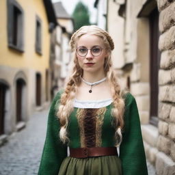 A young 25-year-old girl with blonde hair and green eyes, wearing medieval old clothes