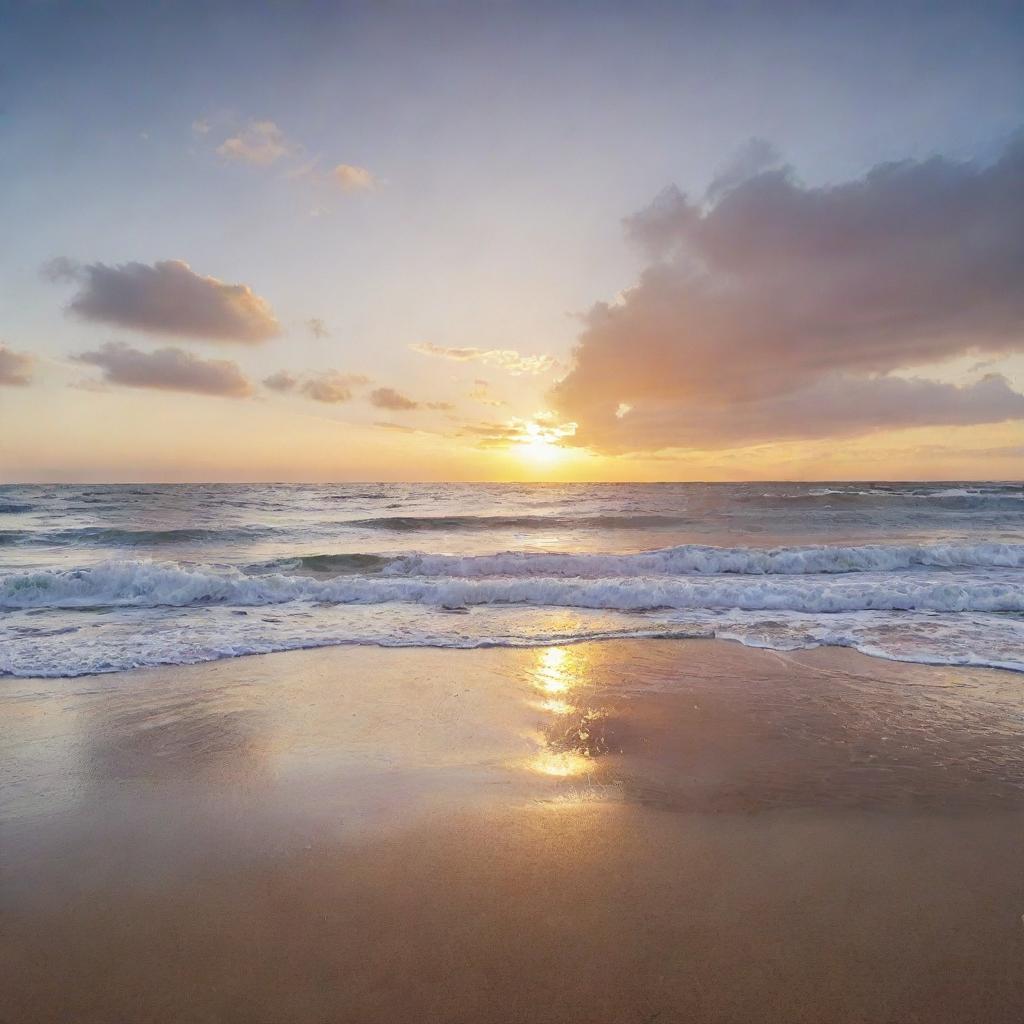 A peaceful and calming scene with the Spanish phrase 'Con pelear no se llega a nada' floating in the sky. The scene includes a quiet beach at sunset, with gentle waves lapping against the shore.