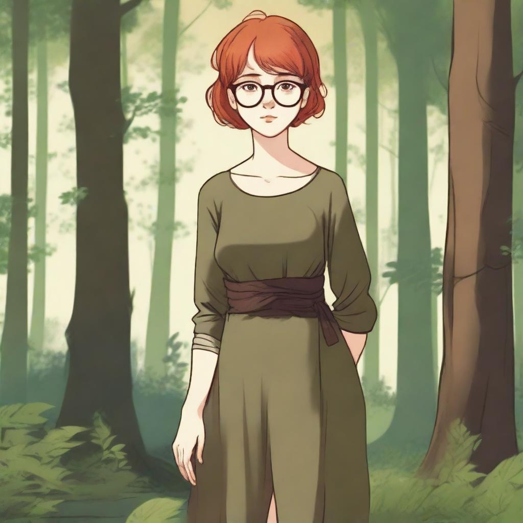 A young girl with short red hair and round glasses, wearing medieval brown clothes, standing in a forest