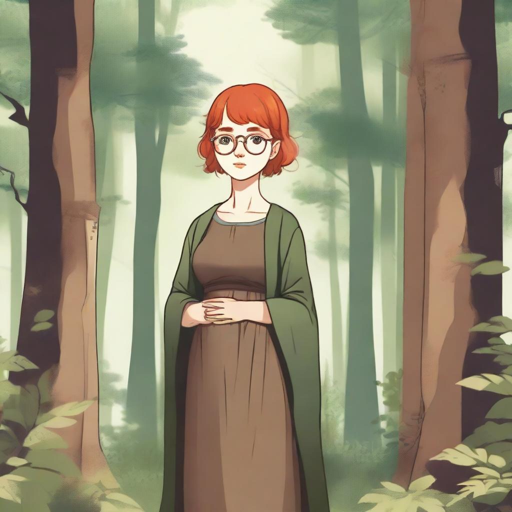 A young girl with short red hair and round glasses, wearing medieval brown clothes, standing in a forest