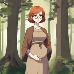 A young girl with short red hair and round glasses, wearing medieval brown clothes, standing in a forest