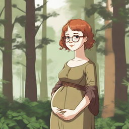 A young girl with short red hair and round glasses, wearing medieval brown clothes, standing in a forest