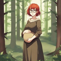 A high-quality image of a young girl with short red hair and round glasses, wearing medieval brown clothes, standing in a forest