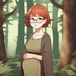 A high-quality image of a young girl with short red hair and round glasses, wearing medieval brown clothes, standing in a forest