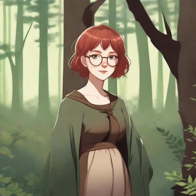 A high-quality image of a young girl with short red hair and round glasses, wearing medieval brown clothes, standing in a forest