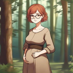 A high-quality image of a young girl with short red hair and round glasses, wearing medieval brown clothes, standing in a forest