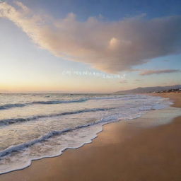 A peaceful and calming scene with the Spanish phrase 'Con pelear no se llega a nada' floating in the sky. The scene includes a quiet beach at sunset, with gentle waves lapping against the shore.