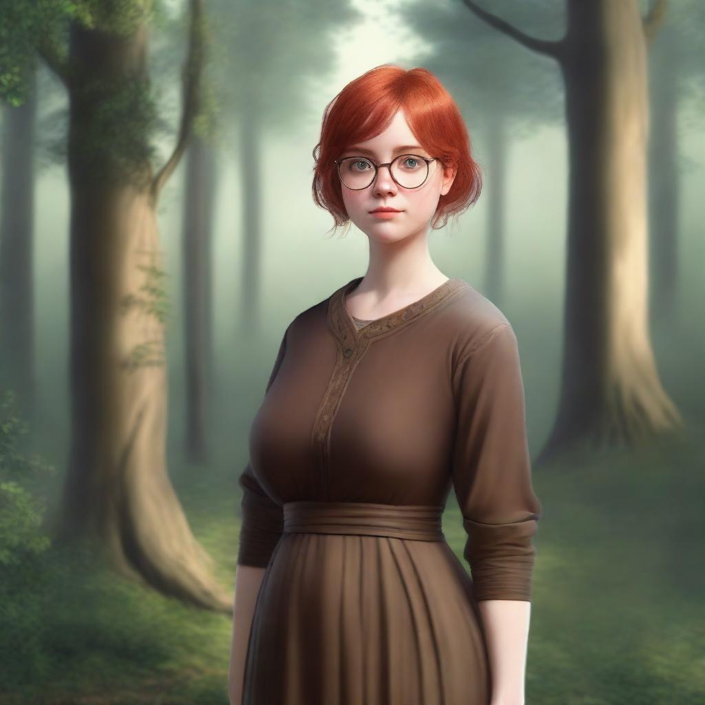 A realistic image of a young girl with short red hair and round glasses, wearing medieval brown clothes, standing in a forest