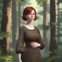 A realistic image of a young girl with short red hair and round glasses, wearing medieval brown clothes, standing in a forest