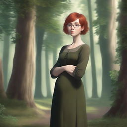 A realistic image of a young girl with short red hair and round glasses, wearing medieval brown clothes, standing in a forest