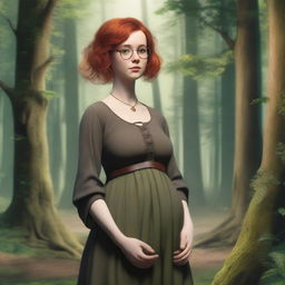 A realistic image of a young girl with short red hair and round glasses, wearing medieval brown clothes, standing in a forest