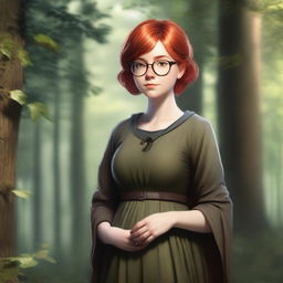 A realistic and high-quality image of a young girl with short red hair and round glasses, wearing medieval brown clothes, standing in a forest