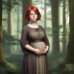 A realistic and high-quality image of a young girl with short red hair and round glasses, wearing medieval brown clothes, standing in a forest