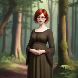 A realistic and high-quality image of a young girl with short red hair and round glasses, wearing medieval brown clothes, standing in a forest