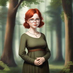 A realistic and high-quality image of a young girl with short red hair and round glasses, wearing medieval brown clothes, standing in a forest