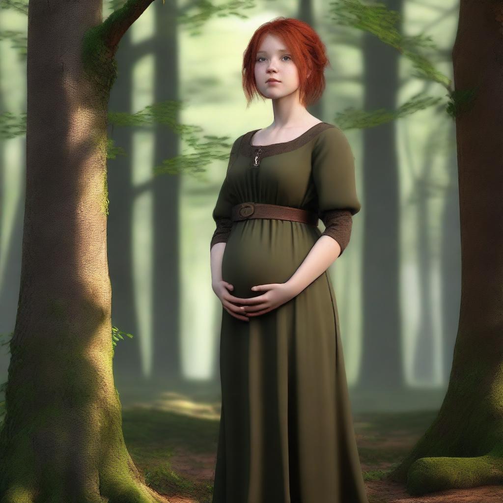 A realistic and high-quality image of a young girl with short red hair, wearing medieval brown clothes, standing in a forest