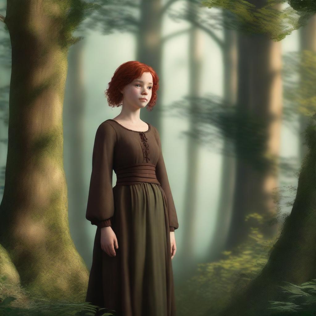 A realistic and high-quality image of a young girl with short red hair, wearing medieval brown clothes, standing in a forest