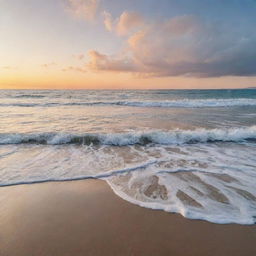 A peaceful and calming scene with the Spanish phrase 'Con pelear no se llega a nada' floating in the sky. The scene includes a quiet beach at sunset, with gentle waves lapping against the shore.