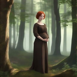 A realistic and high-quality image of a young girl with short red hair, wearing medieval brown clothes, standing in a forest