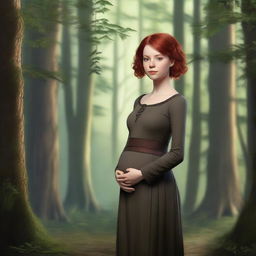 A realistic and high-quality image of a young girl with short red hair, wearing medieval brown clothes, standing in a forest