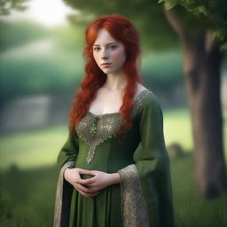 A realistic and high-quality image of a 25-year-old young girl with red hair and green eyes, wearing old medieval clothes