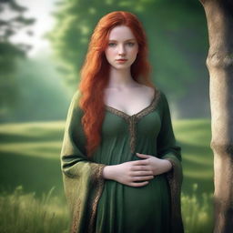 A realistic and high-quality image of a 25-year-old young girl with red hair and green eyes, wearing old medieval clothes