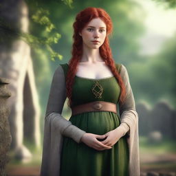 A realistic and high-quality image of a 25-year-old young girl with red hair and green eyes, wearing old medieval clothes