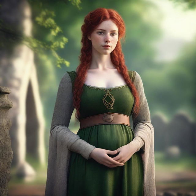 A realistic and high-quality image of a 25-year-old young girl with red hair and green eyes, wearing old medieval clothes