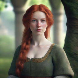 A realistic and high-quality image of a 25-year-old young girl with red hair and green eyes, wearing old medieval clothes