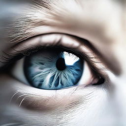 A detailed, close-up image of a human eye with a white wolf reflected within the iris