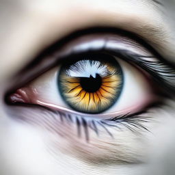 A detailed, close-up image of a human eye with a white wolf reflected within the iris