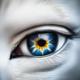 A detailed, close-up image of a human eye with a white wolf reflected within the iris