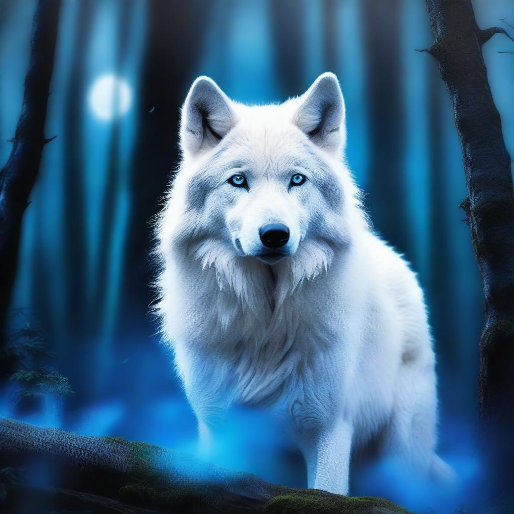 A majestic white wolf with its head engulfed in ethereal blue flames