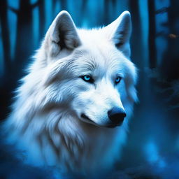 A majestic white wolf with its head engulfed in ethereal blue flames