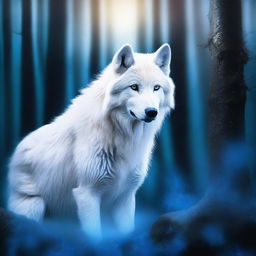 A majestic white wolf with its head engulfed in ethereal blue flames