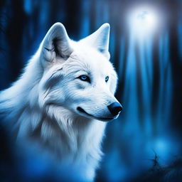 A majestic white wolf with its head engulfed in ethereal blue flames