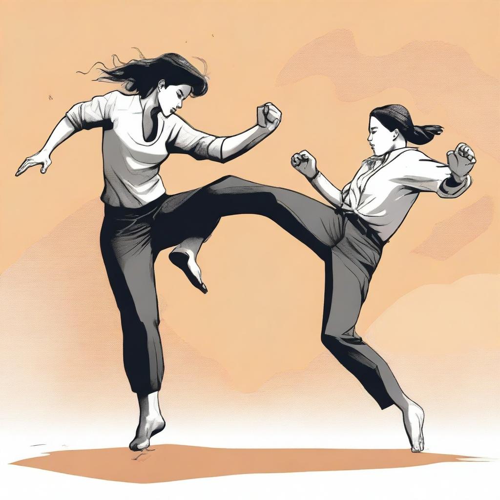 A dynamic illustration showing a woman kicking a man