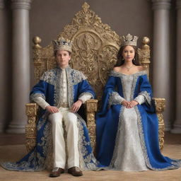 A 3D depiction of a young king and queen. Dressed in elaborate royal garments, they sit majestically on their thrones. Their youth and royalty are captured in exquisite, lifelike detail.