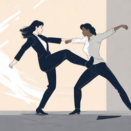 A dynamic illustration showing a woman kicking a man