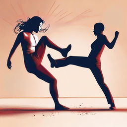 A digital illustration depicting a woman kicking a man in the genitals