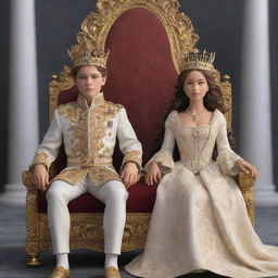 A 3D depiction of a young king and queen. Dressed in elaborate royal garments, they sit majestically on their thrones. Their youth and royalty are captured in exquisite, lifelike detail.