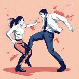 An illustration showing a woman kicking a man in the genital area