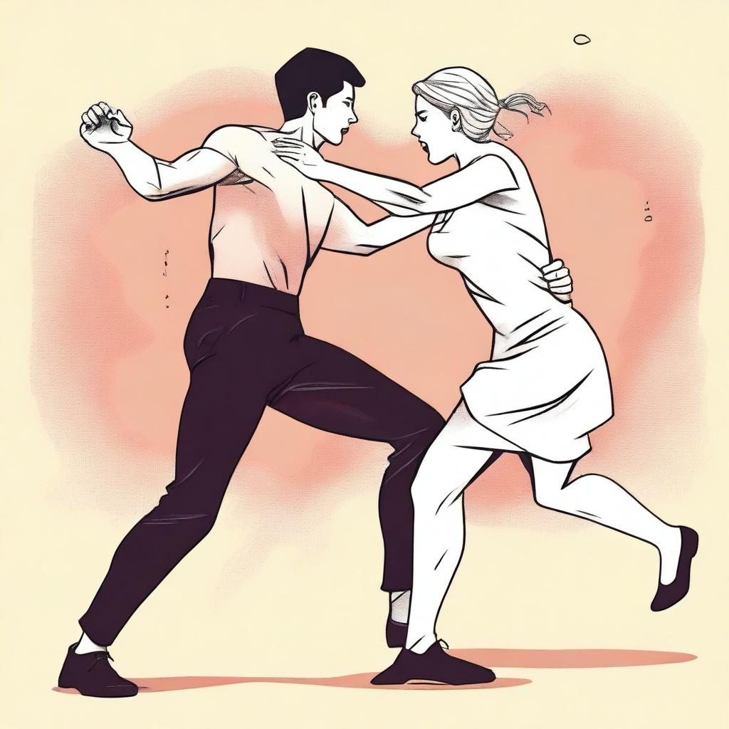 An illustration showing a woman kicking a man in the genital area