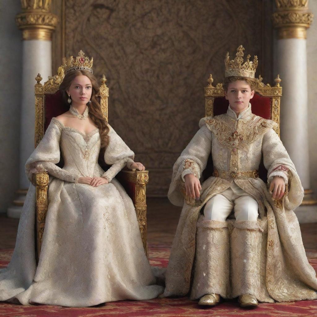 A 3D depiction of a young king and queen. Dressed in elaborate royal garments, they sit majestically on their thrones. Their youth and royalty are captured in exquisite, lifelike detail.