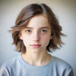 A photo of the face of a 13-year-old teenager with a neutral expression, clear skin, and casual hair